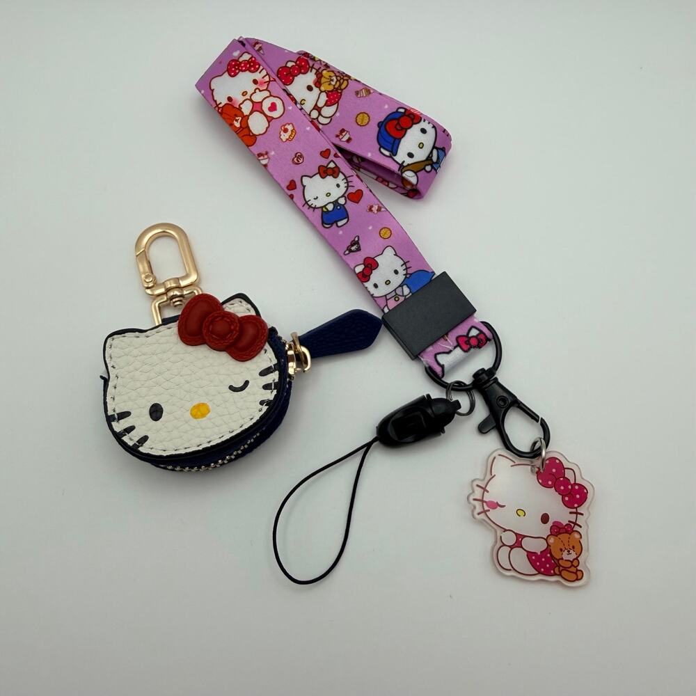 Hello Kitty Lanyard + Mini Coin Purse Keychain Charm Set